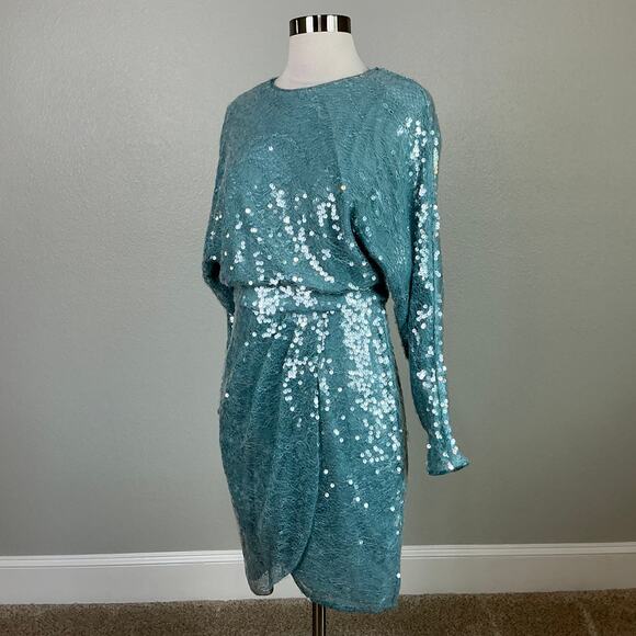 Aidan Mattox Sequined Lace Long Sleeve Cocktail Dress Blue Size 6 Mini Sheath - Picture 4 of 13